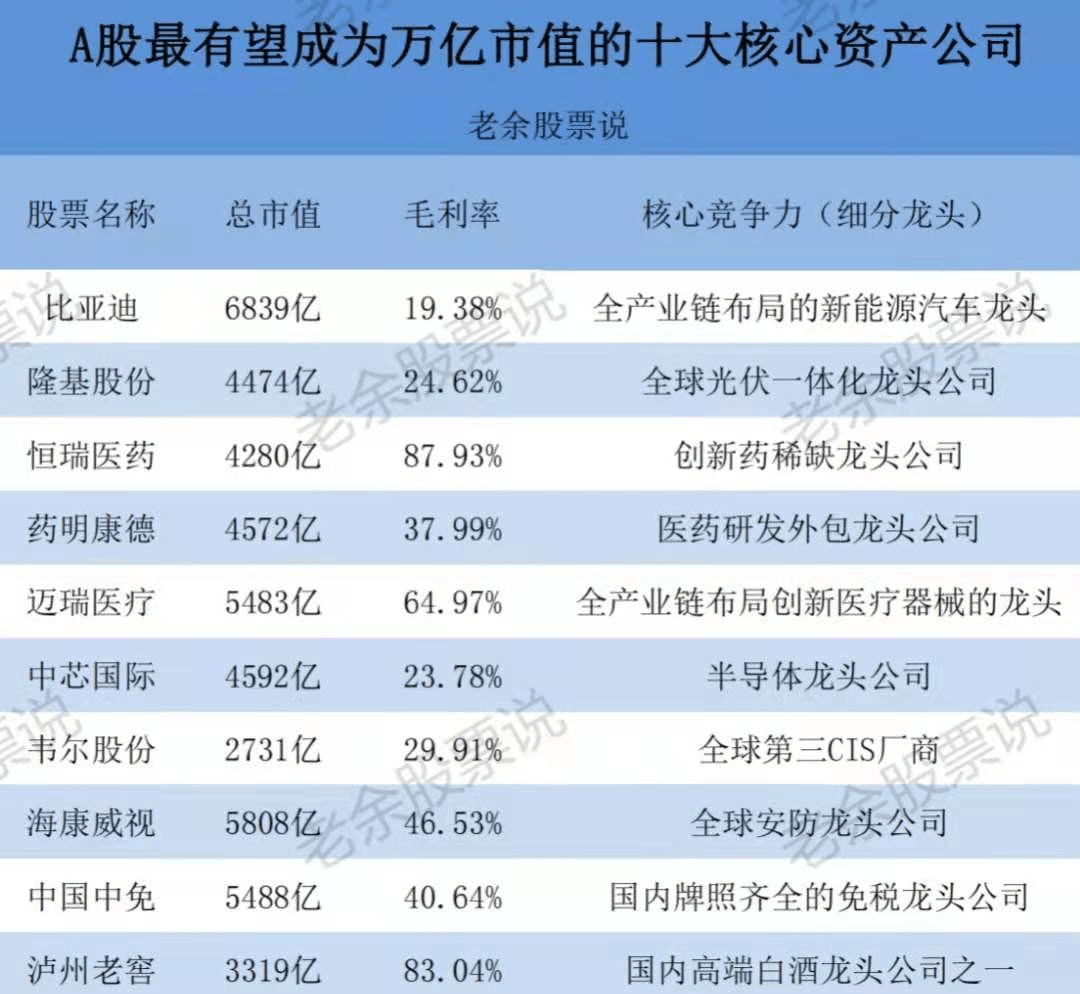 a股最有望破万亿市值的十大核心资产公司