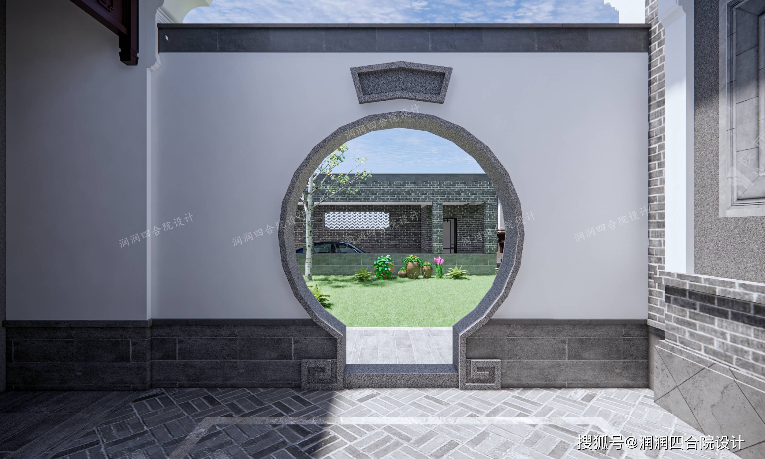 玄关左边的月亮门进入前花园——润润四合院设计刘鹰原创