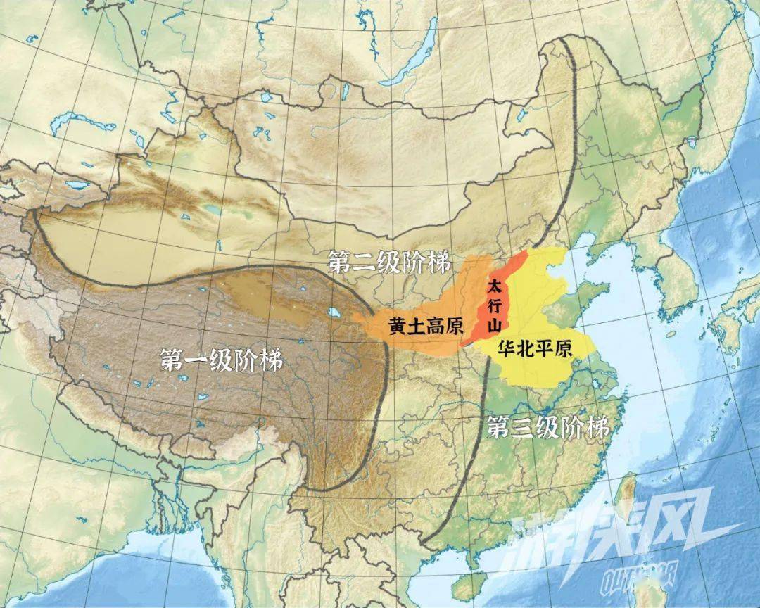 太行山地理位置,制图@齐天 太行山在阶梯划分中的位置,制图@齐天 它