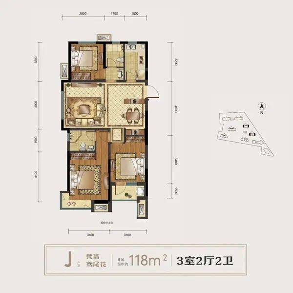 建面约118㎡三室两厅两卫,双卧室朝阳,主卧室配备270度飘窗,营造精致