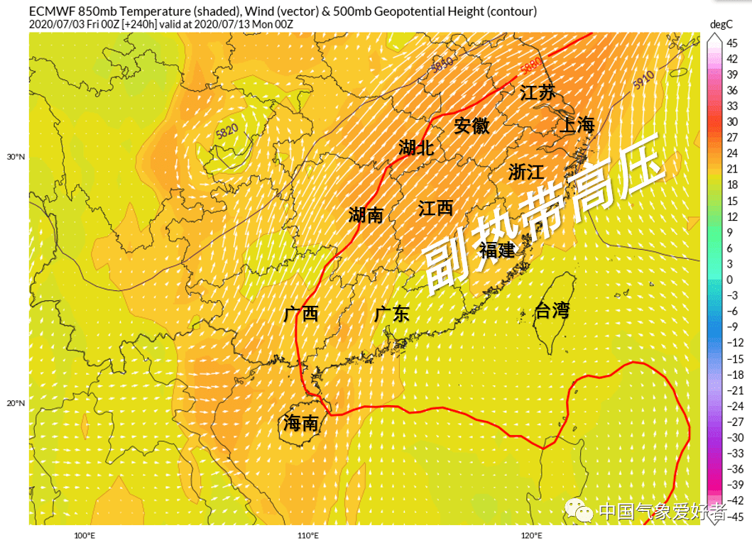 7月13日,副热带高压大举西伸北抬,控制华东,高温中心可能转移到江浙沪