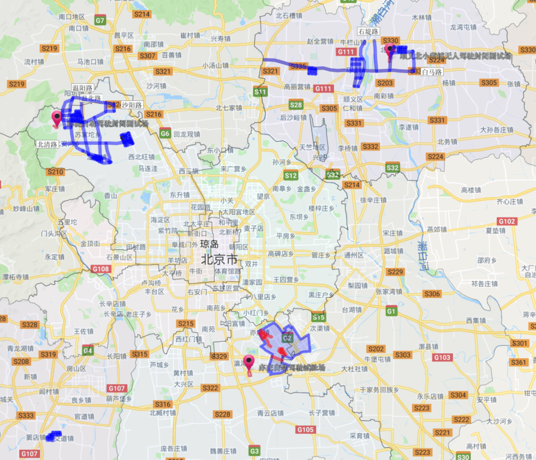 北京市自动驾驶开放测试道路分布图