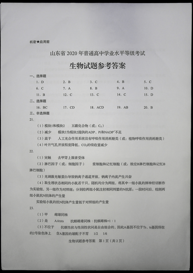 山东|2020年山东高考答案来啦！