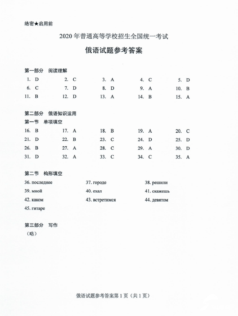 外语|2020年山东高考试题及答案 | 外语小语种-俄语