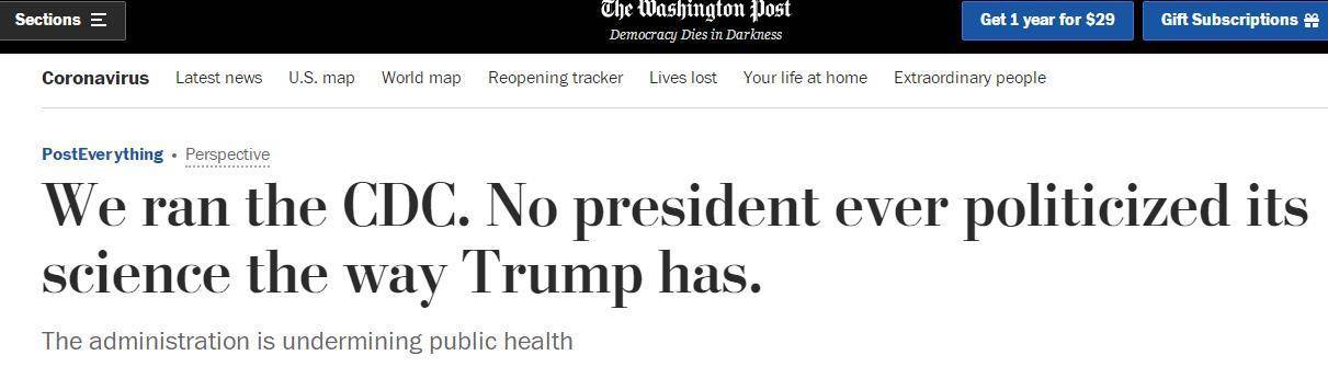 公共卫生|四任美国CDC前主任联名刊文：公共卫生专家面临两个对手，新冠和政客