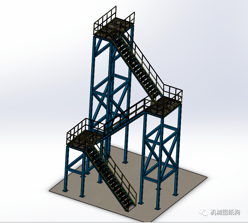 【工程机械】三层钢结构工业楼梯平台3d数模图纸 solidworks设计