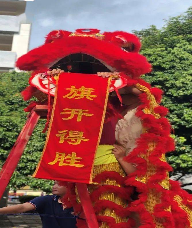 旗开得胜金榜题名红黄双狮随着紧凑的鼓点矫健地舞动着,腾挪跳跃