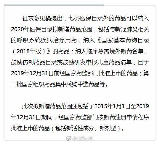 药品|2020年国家医保药品目录调整征求意见