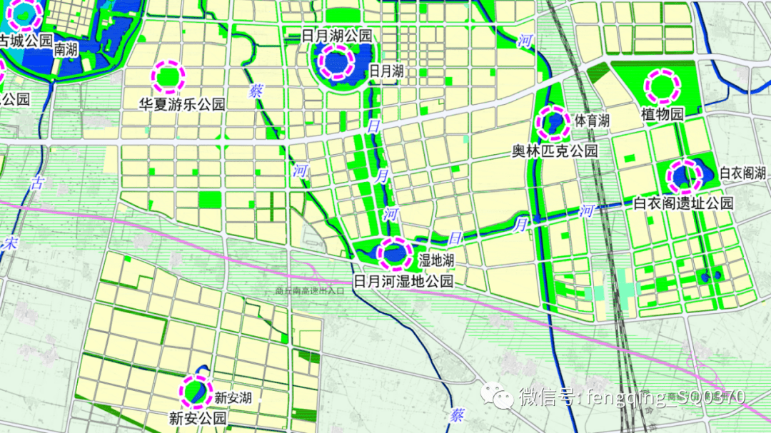 已经建成的有日月湖公园,汉梁文化园,华夏游乐园,人民公园,沙河公园