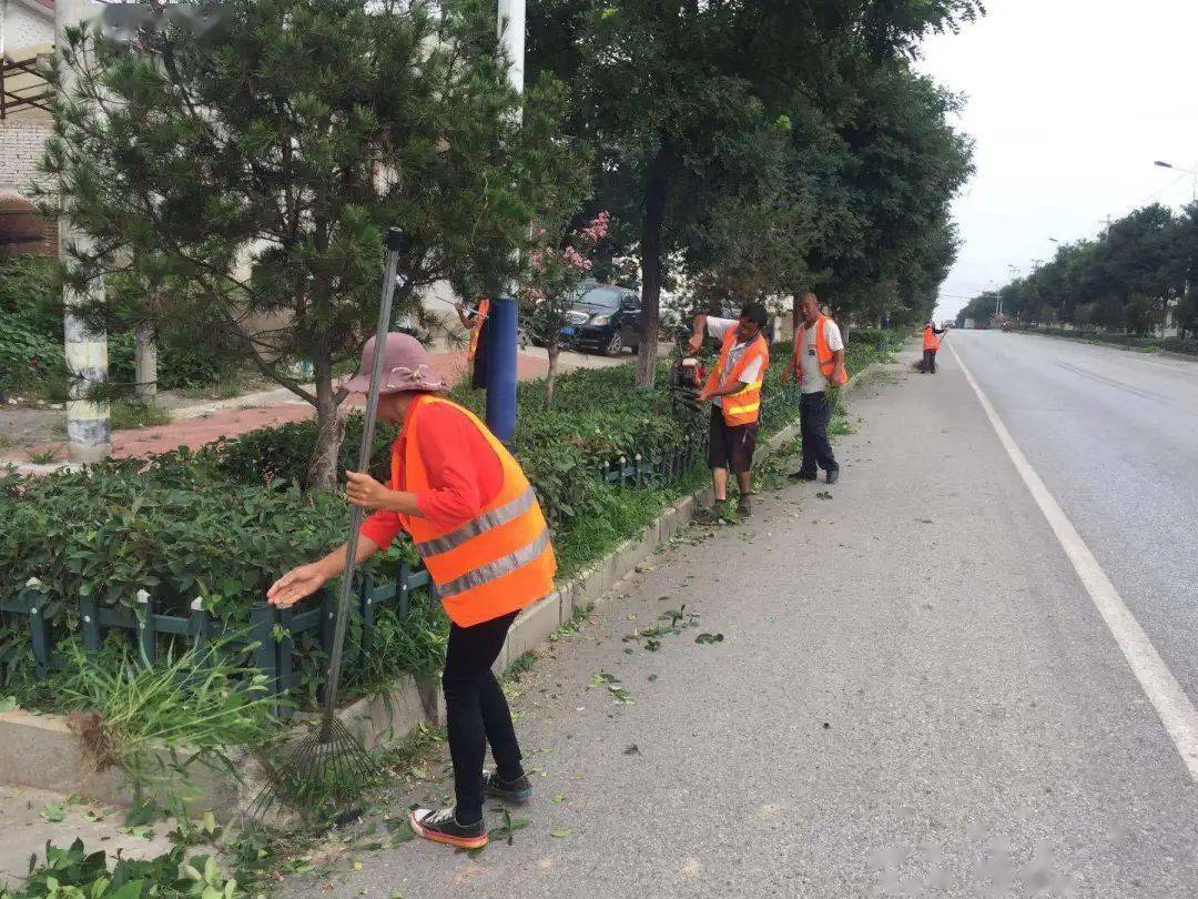 环卫工对沿线的绿化带进行修剪、打理。镇 村 联 动排水渠清理——排除防