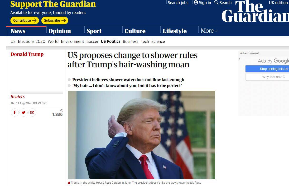 美国的|美国政府计划修改淋浴用水标准，此前特朗普曾多次“抱怨”浴室用水规定