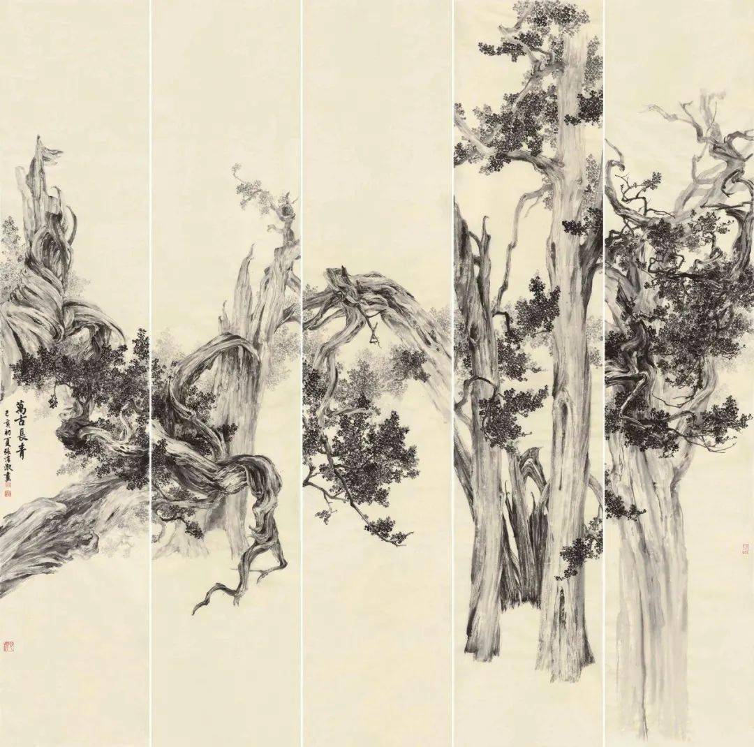 张淳澈 / 柏树 / 40×200cm×5 / 绢本水墨 / 2019