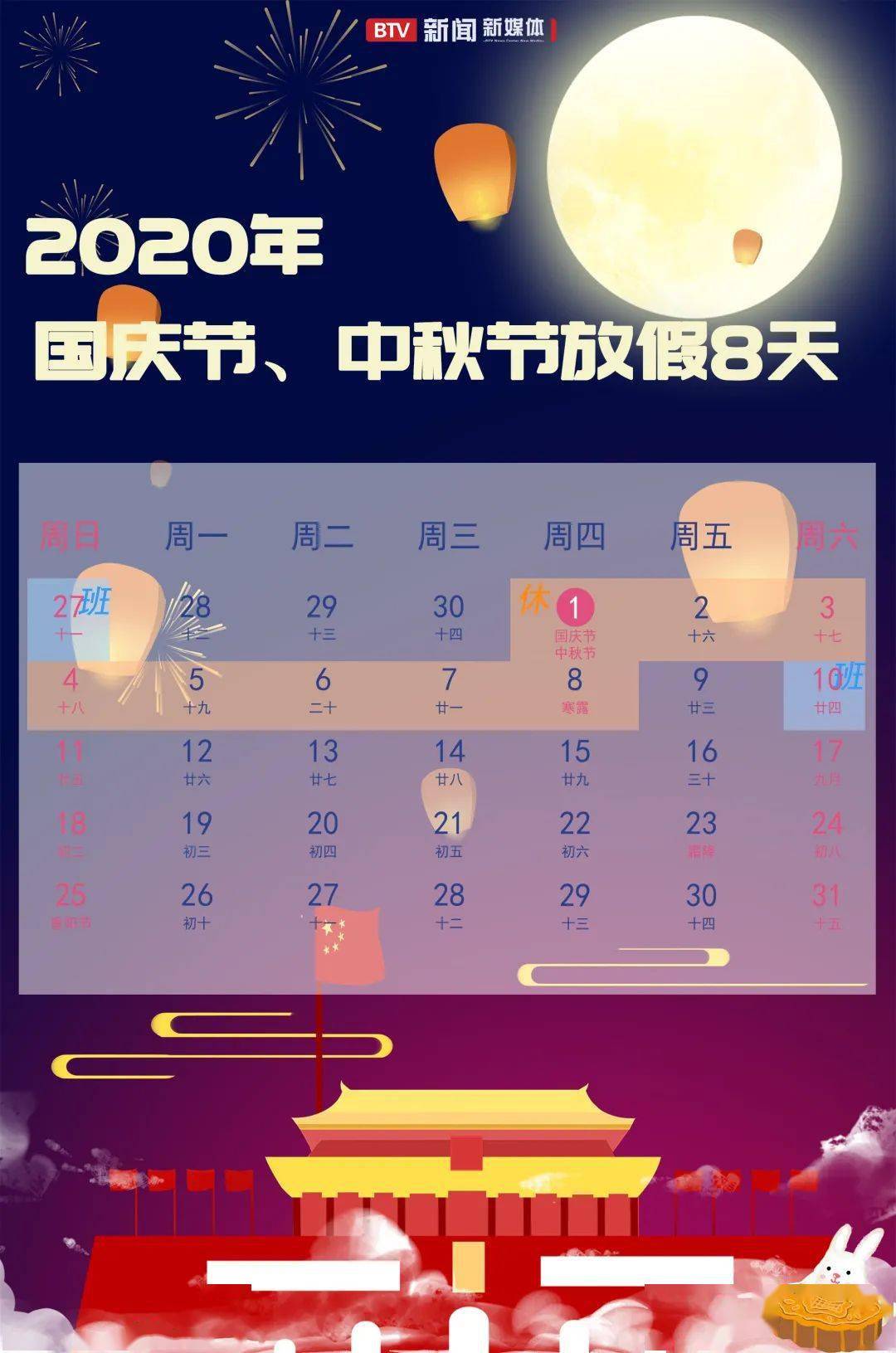 连休8天!2020年国庆节,中秋节放假安排来了