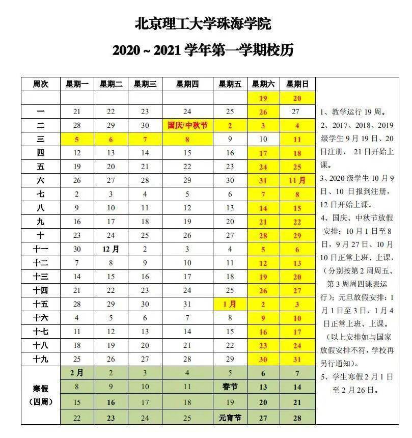 北京理工大学珠海学院 2020～2021学年第一学期校历