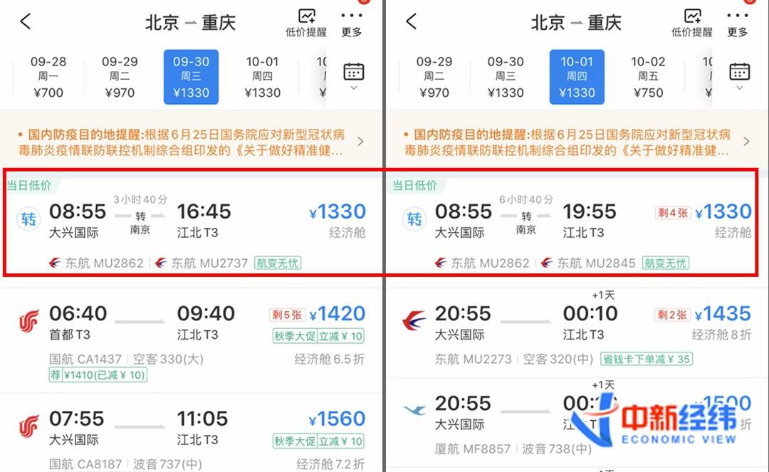 9月30日,10月1日北京到重庆经济舱机票最低价.数据来源:携程旅行app