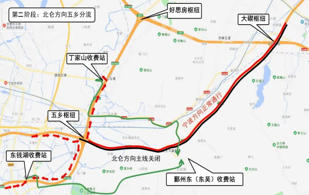 台州等方向往北仑方向车辆,可通过五乡枢纽经g1504宁波绕城高速,s20