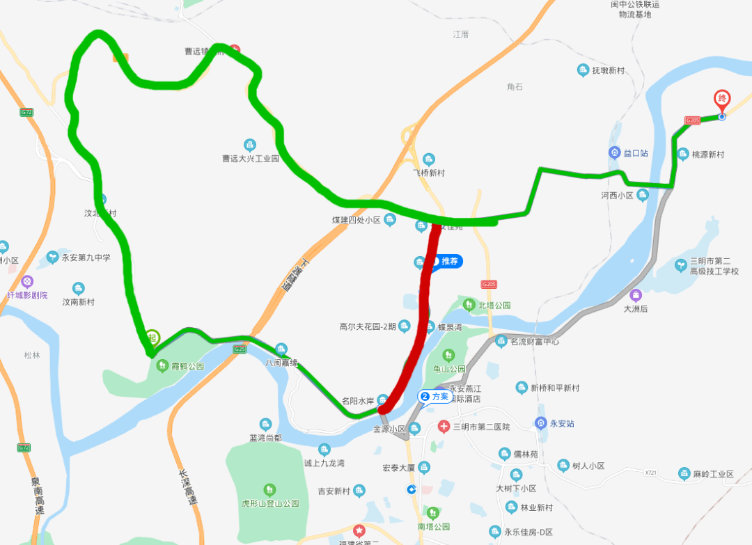 1,过境车辆绕行高速公路或经356国道坑边路段至205国道吉山连接线; 2