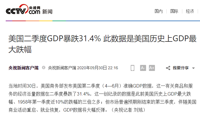 跌幅|美国GDP创纪录暴跌31.4%！