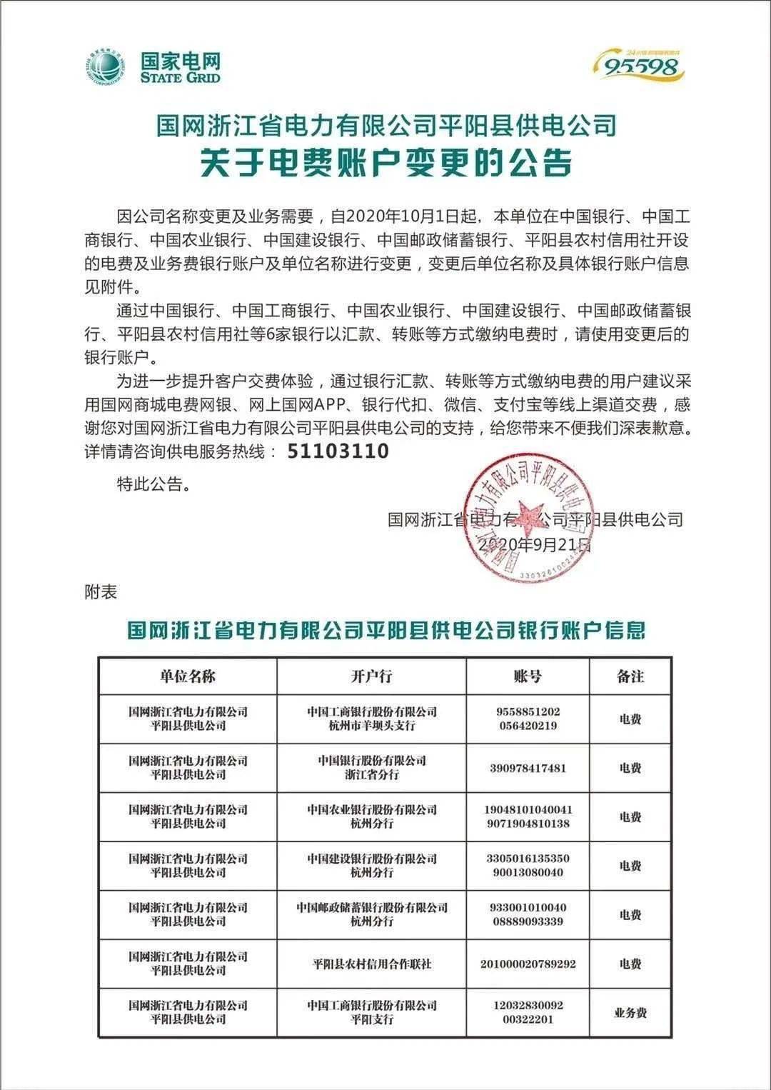 平阳供电关于电费账户变更的公告