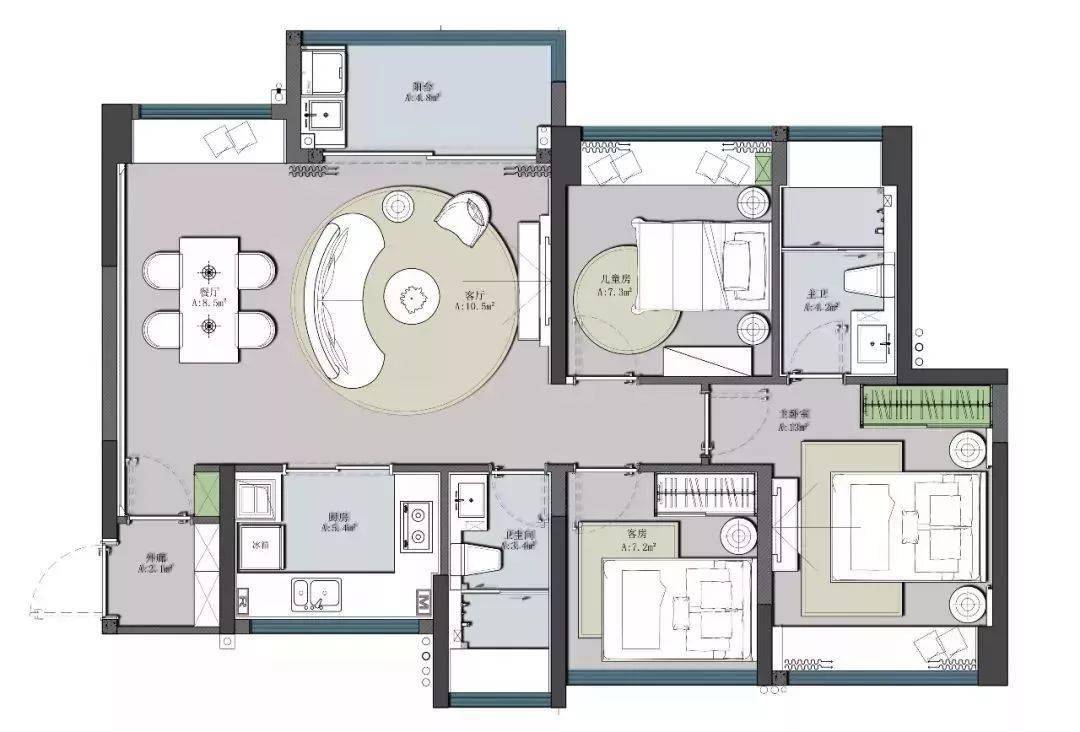 首先我们来看下房屋整体的平面布置,开放式客餐厅设计,3个卧室,厨房