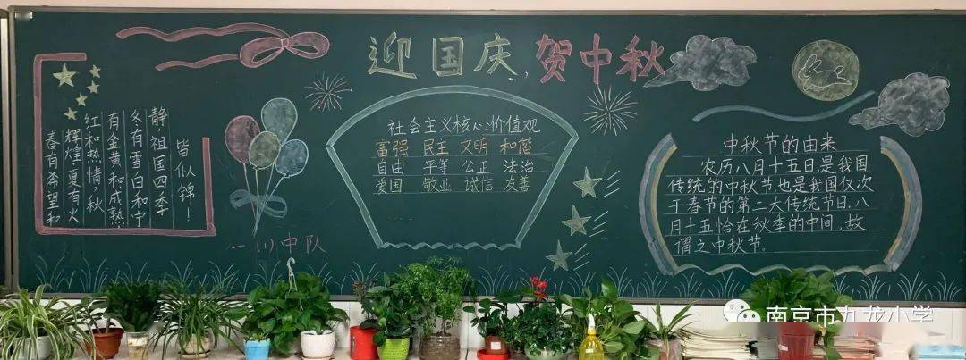 南京市九龙小学德育处开展了以"迎国庆,贺中秋"为主题的黑板报评比