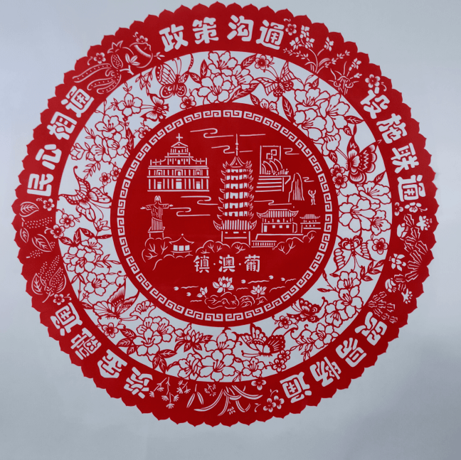 整个剪纸的外形是68厘米圆的花瓣,寓意团团圆圆,六六大顺,财源滚滚