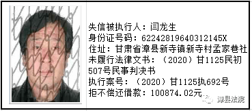 漳县人民法院失信被执行人名单