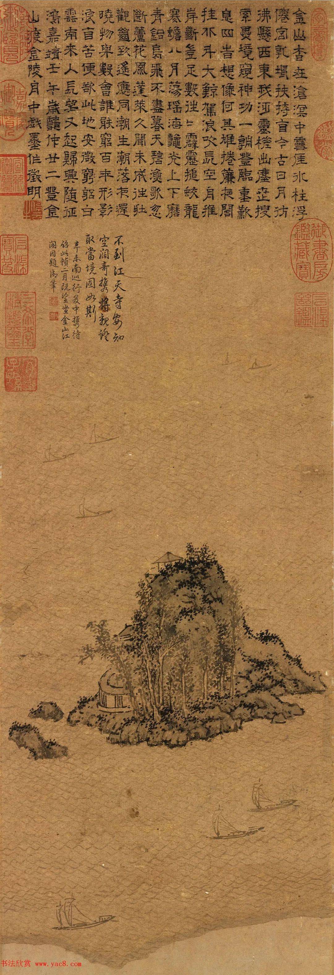 明代文徴明手絵絹本深山楼閣掛軸-