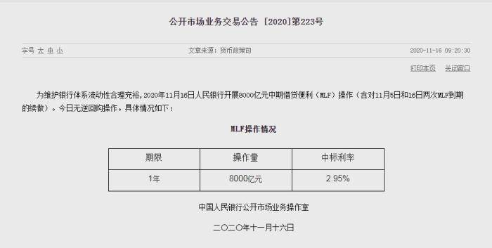中期|央行开展8000亿元中期借贷便利操作 中标利率2.95%