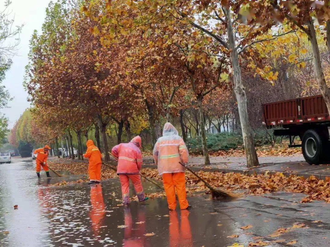 保障:环卫工人迎雨而上 扫落叶清积水