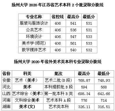 省部共建扬州大学2020年美术类本科专业录取分数线