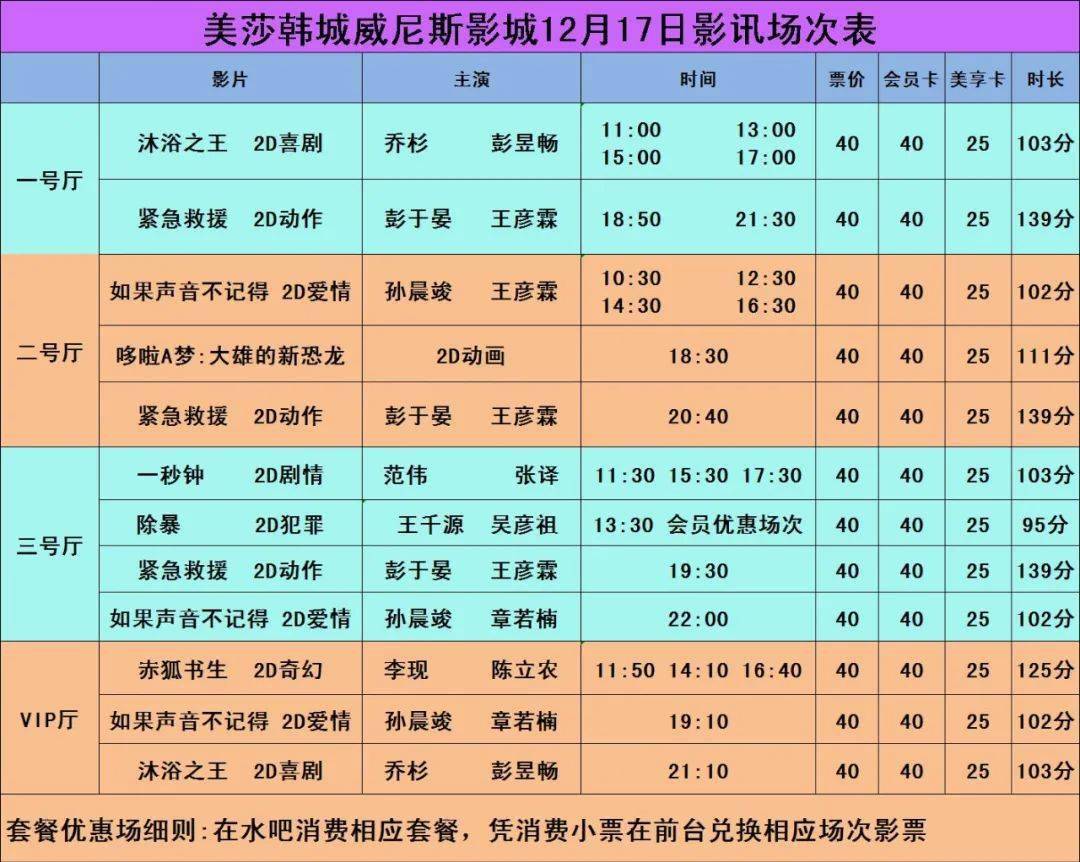 韩城威尼斯12月17号影讯(10点营业,紧急救援,今日点映))