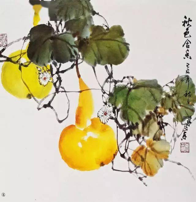 步骤二:用笔腹调鹅黄,藤黄后笔尖加赭石少许墨画出葫芦的形状,注意