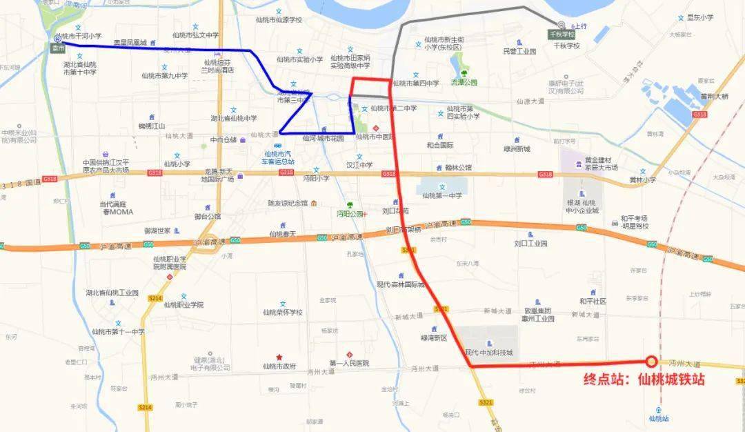 喜大普奔6条公交线路直达仙桃城铁站附示意图