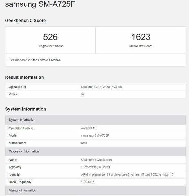 三星a72跑分曝光,单核526多核1623,还不如a71