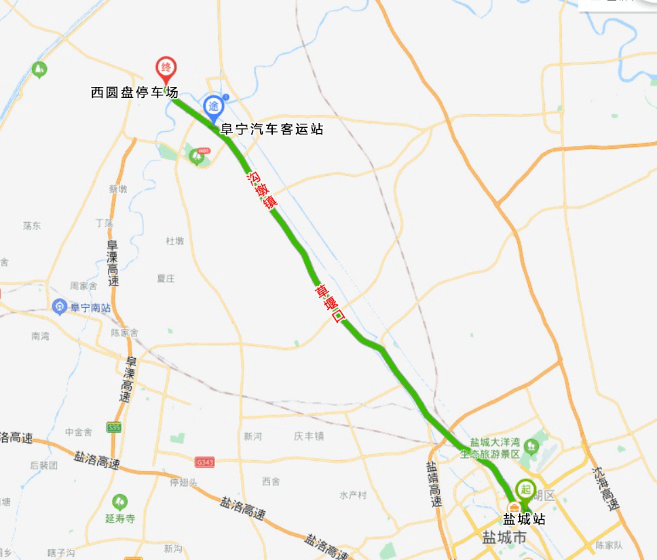 线路走向:盐城站,范公路,黄海路,开放大道,204国道,阜宁汽车站,香港路