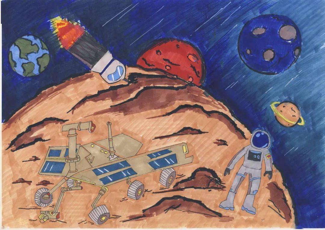 航天科幻画以火星探测为主题,学生们运用丰富的想象和手中的画笔展现