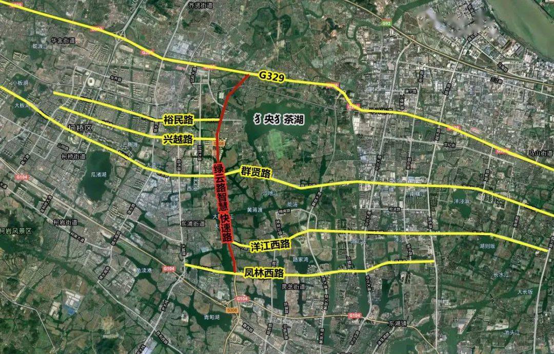 沿着现状s308省道,北至329国道,主线高架双向6车道,地面辅道双向6车道