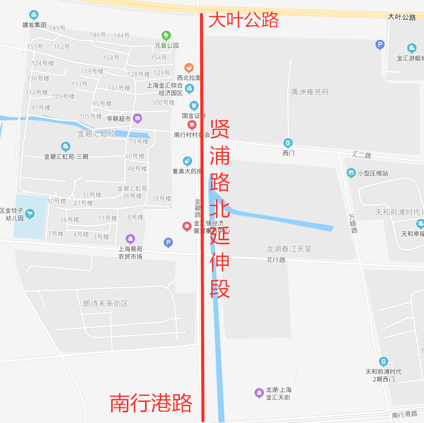 贤浦路北延伸段南起南行港路,北至大叶公路,全长约940米,规划红线35米