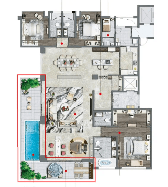 (中国铁建·西派国樾360㎡户型,带l型转角阳台,阳台配泳池)