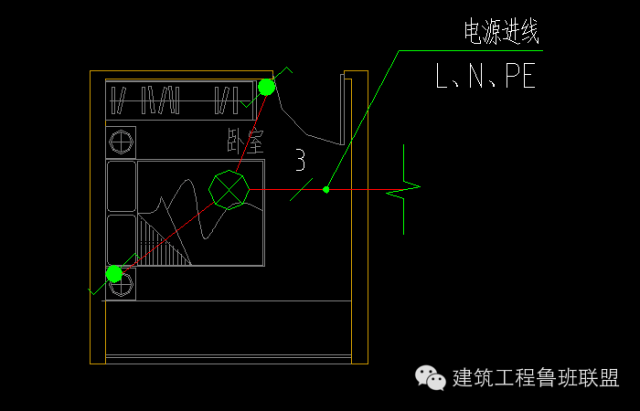 第2步 灯至双控开关1的连线为:一根l进线,两根l出线连接至双控开关2