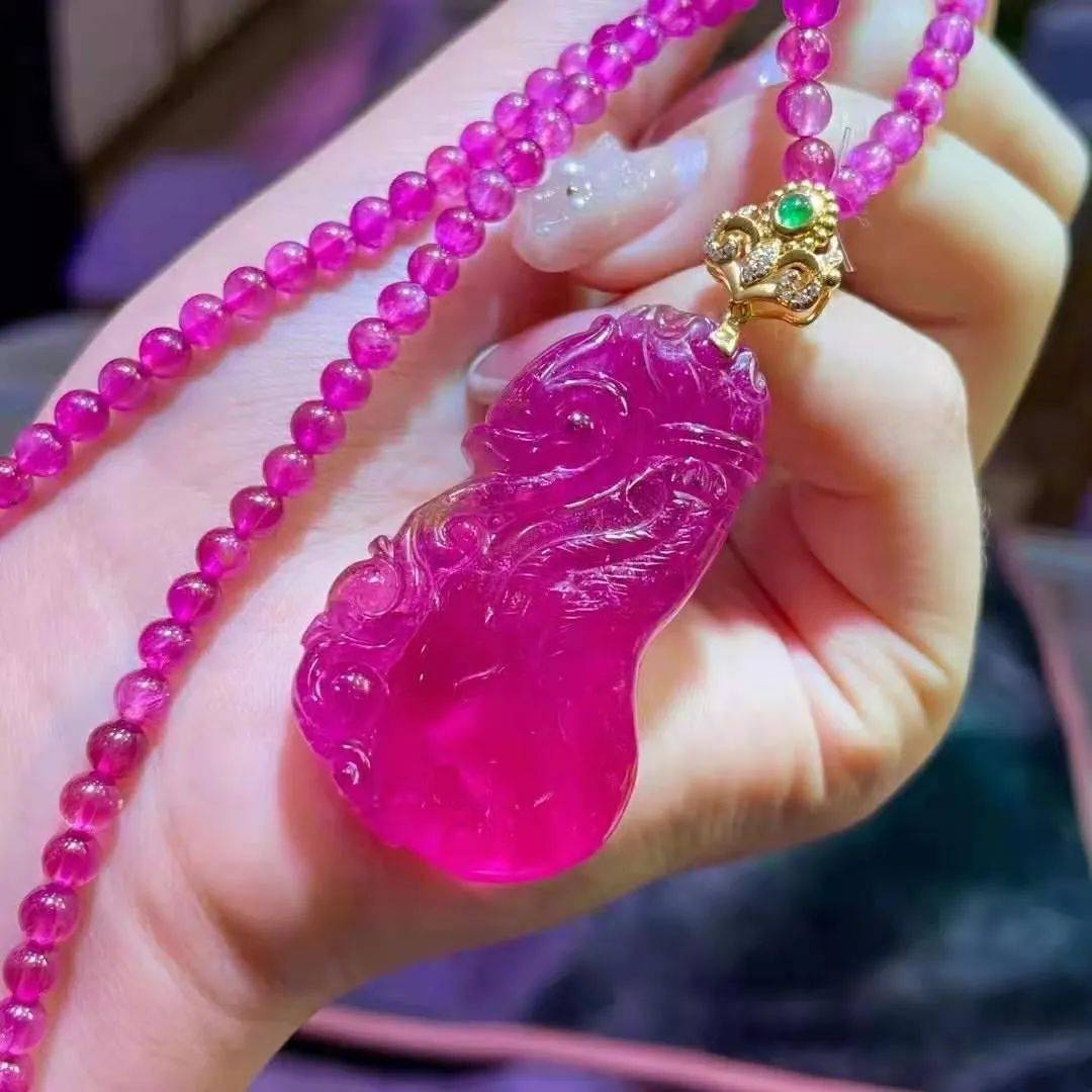 女神限定款顶尖戒面料卢比来荧光双桃红碧玺福禄寿上身尽显尊贵气质