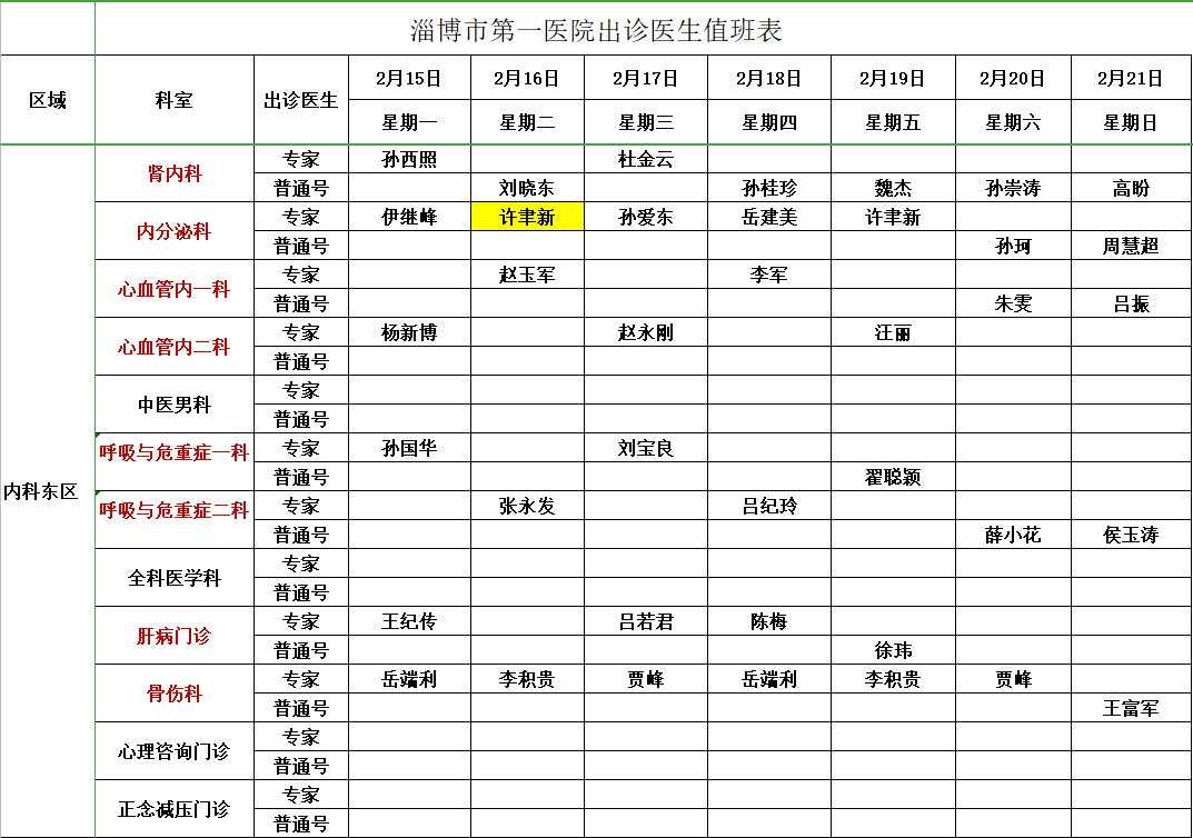 淄博市第一医院出诊医生值班表(2021年2月第3周)