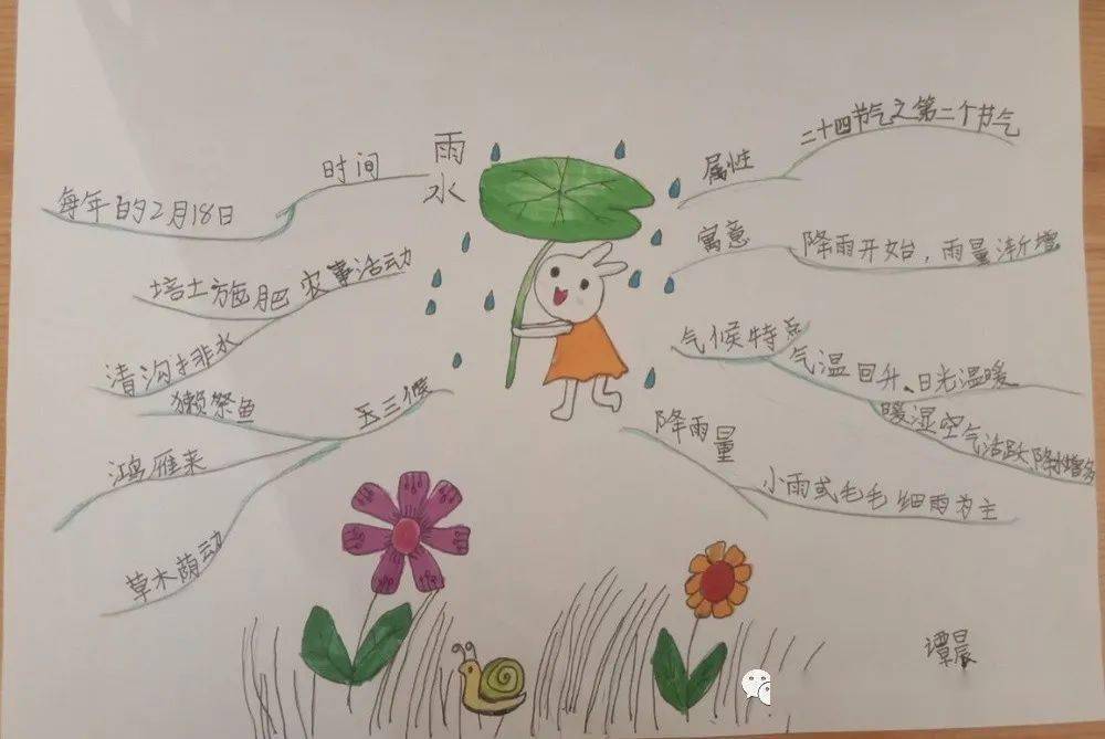 孩子们通过积极查阅资料,绘制了一幅幅思维导图,加深了对"雨水"节气的