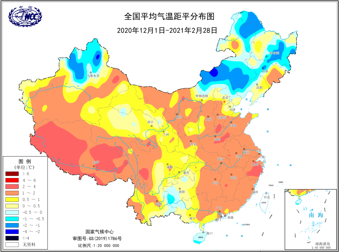 2020/2021年冬季全国平均气温距平分布图