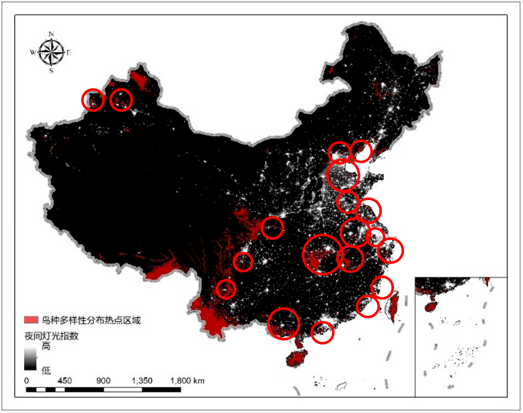 图4.2-a 中国夜间灯光指数与鸟类多样性热点地区