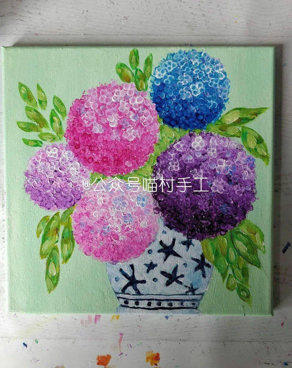 教程丨棉签 气泡纸 教你画绣球(好玩的创意美术)_颜料