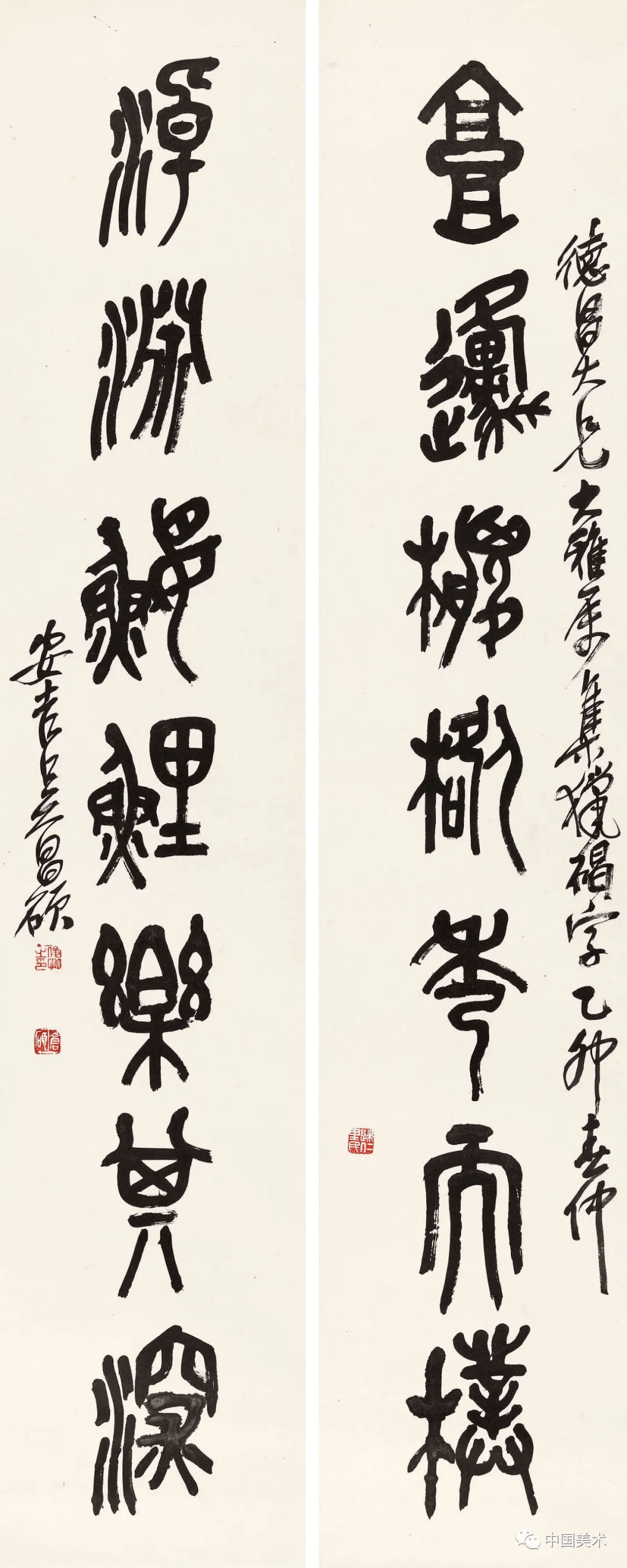 晚年的吴昌硕常集石鼓文字为联,在诸多的传世作品中可以看出,其书法已