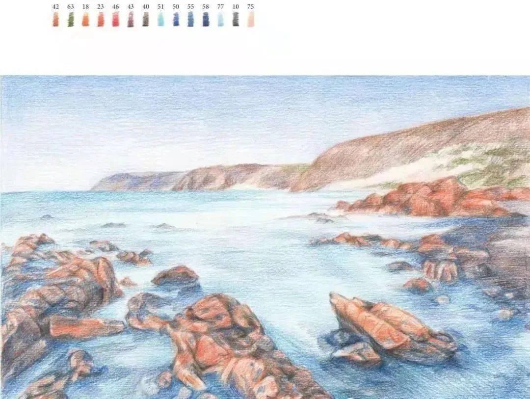 大海和礁石大自然风景画彩铅画教程彩铅风景画详细步骤图