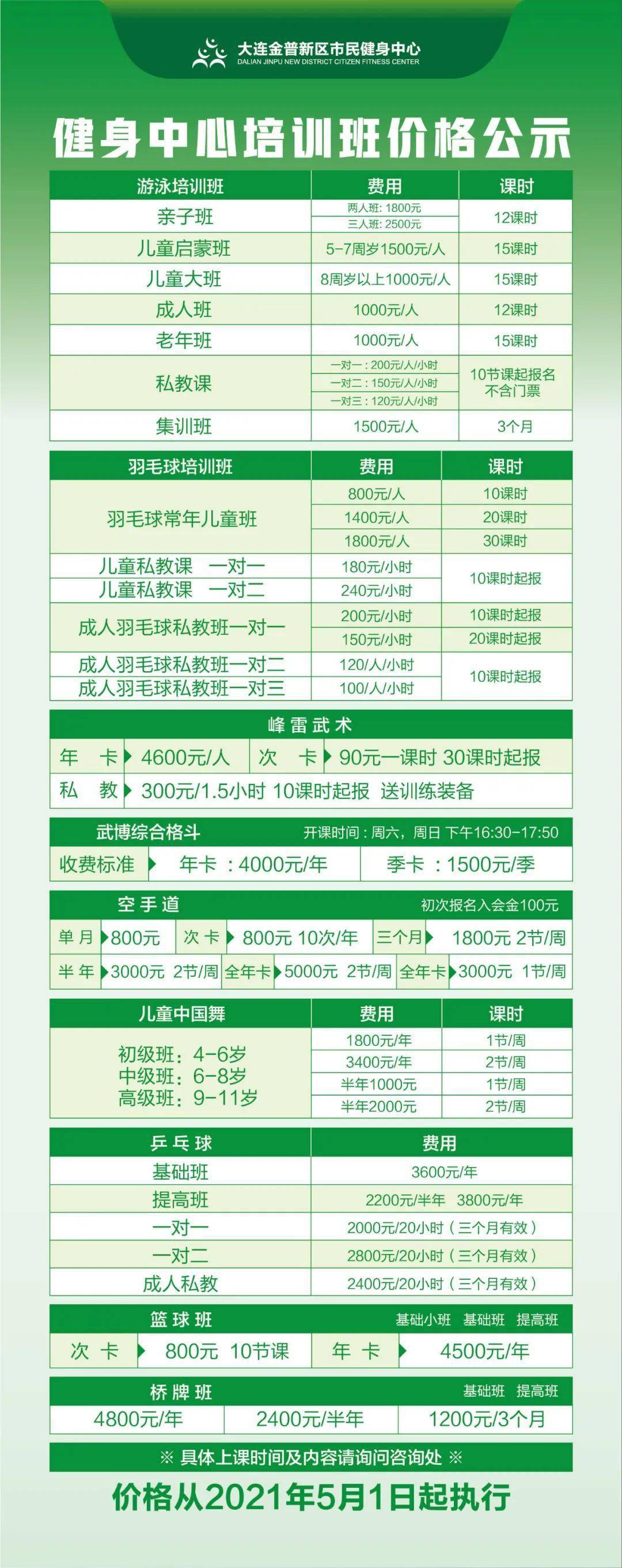 2021年开发区市民健身中心培训班一览表_价格